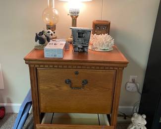 Oak File Cabinet, Tony Bank, Brass Lamp & nice piece of Coral