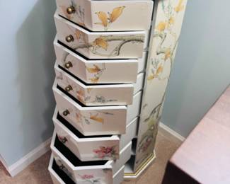 8 drawer Asian pedestal cabinet with hand painted bird and flower design white lacquer 