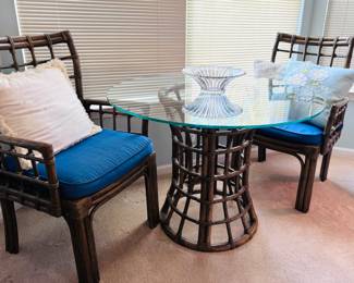 Vintage Boho Rattan Wicker glass top dining table and chairs