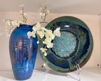 Beautiful cobalt blue iridescent studio pottery vase, studio ceramic and crackle glass pottery plate