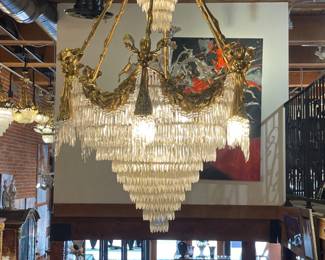Large elegant glass brass ribbon French Style Chandelier measuring 44"w x 56"h