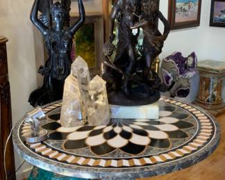 Round Tuscan Inlay Stone  Gold Accents Table 44w x 33h
