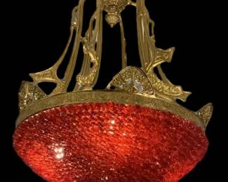 Red Glass Custom Brass Chandelier 24w x 40h