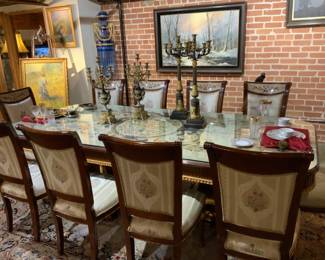 Custom Louis XIV Style Solid Wood Dining Table with glass top and  10 upholstered chairs Table measures 105"l x 46"w x 32"h