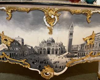 Italian Stone Inlay Bombe Dresser, painting of St. Marks Square in Venice on front large drawer.  64"l x 35"h x 17"d