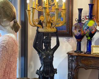 Life size Louis XIV Henry Dasson Inspired Bronze and Malachite Torchiere's (pair) 91"h x 25"l x 26"w