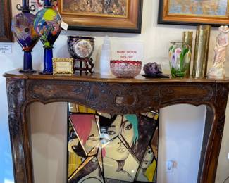Antique Maple Mantle adorned with Murano Glass by Wes Hunting and World War I Museum Quality Trench Art
