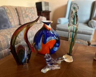 Murano glass vignette.  Vintage fish, vintage Madonna, vintage bird, vase. 