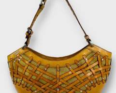CALVIN KLEIN Leather Basket Weave and Khaki Canvas Half-moon Shoulder Bag
