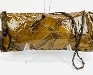 SUSAN RIEDEG Handmade in the Boonies Vegan Leather Rectangular Zipper Top with Woven String Strap and Shell Detail.
