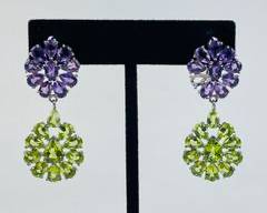 Sterling Silver Flower Drop Dangle Statement Earrings with Peridot and Amethyst Stones
