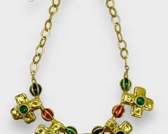 Retro 1990s Goldtone Cross Necklace Featuring Multi-color Synthetic Stones
