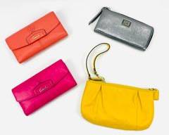 COACH 4 Piece Lot! 3 Leather Wallets (Coral, Hot Pink, and Gunmetal) and 1 Yellow Leather Zipper Bag
