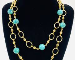 Turquoise Ball and Gold Tone Chain Necklace
