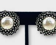 HASKELL Vintage Silvertone Blossom Earrings Featuring a Mabe Pearl Center
