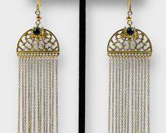 Goldtone Tassel Filigree Medallion Drop Dangle Pierced Earrings with Black Cabachon Stone
