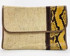 TROTTING Vintage Genuine Snake Skin, Woven Wool And Brown Leather Flap Clutch Style Handbag
