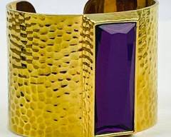 IMAN CN. Large Hammered Goldtone Metal Cuff W Purple Stone Statement Bracelet
