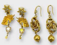 2 Pairs of Goldtone Pierced Drop Dangle Statement Earrings, 1 with a Horse Motif, 1 with Interlocking Chain
