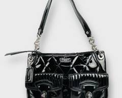 COACH Black Patent Leather Quilted Bag with Dual Pockets, Shoulder Strap, and Chrome Hardware
