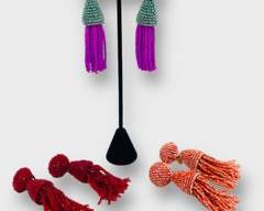 3 Pairs Of Oscar De La Renta Beaded Drop Dangle Tassels Statement Earrings Crimson, Coral And Aqua Purple
