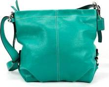 COACH Seafoam Green Pebbled Leather Bucket Bag with Contrasting Stitching, Zipper Top, and Chrome Hardware
