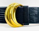 DONNA KARAN New York Vintage 90s Black Crocodile Wide Belt Genuine Leather W Gold Buckle Size Medium
