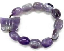 Amethyst Stretchy Statement Bracelet W/ Oval Shape Beads Carved Butterfly Charm
