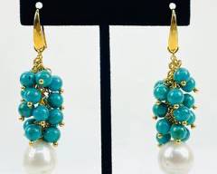 Goldtone Statement Pierced Earrings with Turquoise or Howlite Cluster and Pearl Drop Dangle
