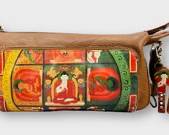 ICON Leather Handbag Featuring Buddha Illustrations and Zipper Top
