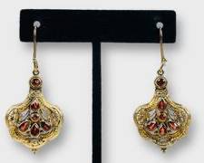 Gilt STERLING SILVER Filigree Drop Dangle Pierced Statement Earrings with Red Stones
