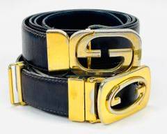 GUCCI TWO 1980s Pair Unisex Vintage Brown Leather Belts with Signature Double G Brass Buckle. Sz Small
