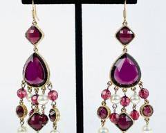 KENNETH JAY LANE Vintage Goldtone Drop Dangle Chandelier Statement Earrings with Garnet Color Stones and Faux Pearls
