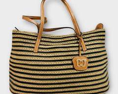 ERIC JAVITS NEW YORK Black/Natural Striped Natural Fiber Tote Handbag with Genuine Leather Straps
