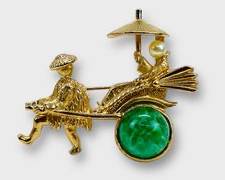 VINTAGE NAPIER Goldtone Figural Rickshaw Statment Brooch with Faux Pearl and Aventurine
