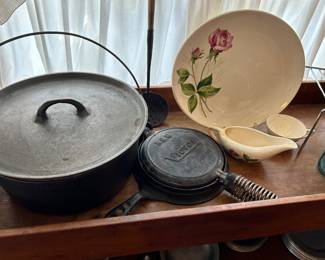 Cast iron kettle, waffle maker, vintage china