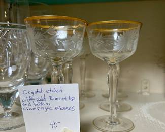 #168	Crystal Etched w/gold rimmed Top  Champagne set of 6	 $40.00 

