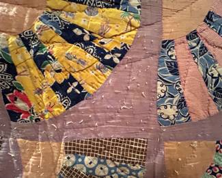 #126	Grandmothers Fan Scrappy Quilt - (as is wear on top) - 88x62  Machine Pieced, Hand Quilted	 $55.00 
