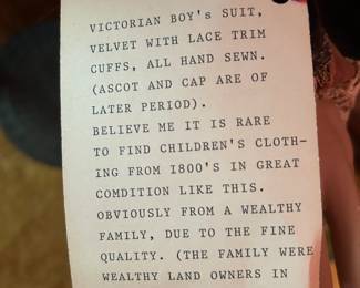#114	45" Child Mannequin in Vintage 1800's clothes - Victorian Boys suit in Velvet and Lace	 $100.00 
