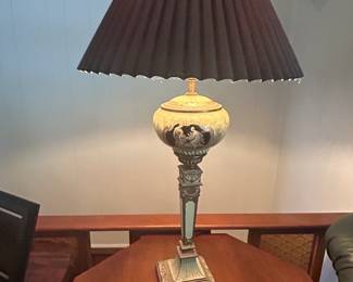 #24	Reverse Painted Scene of Mother and Baby Glass Painted Lamp w/Metal Base - 34" Tall	 $100.00 
