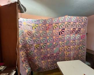 #126	Grandmothers Fan Scrappy Quilt - (as is wear on top) - 88x62  Machine Pieced, Hand Quilted	 $55.00 
