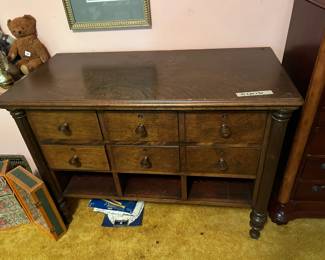 #107	Antique Wood Chest w/6 drawers & 3 cubbies (as is finish)  41x20x30	 $125.00 
