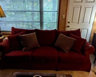 #2	Red corduroy sofa with loose back cushions as is seat cushion 97 long	 $45.00 
