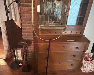 #31	Etched Glass - Victorian Gilded Brass Bird Cage w/Porcelain Birds & Feeders w/stand.  Made in Germany	 $300.00 
