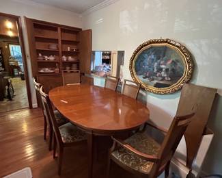 #128	Gordon Furniture Wood Table w/1 leaf w/6 chairs  (2 captains Chairs) - 62-74x46x30	 $175.00 
