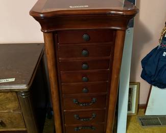 #106	Wood Jewelry Chest w/7 drawers w/2 slide-out doors and flip-top - 20x15x42	 $125.00 
