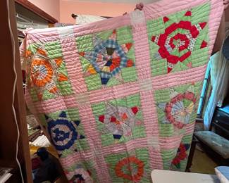 #124 B	8 Pointed Star (as is some holes) Scrappy - 64x80  Hand Quilted, Machine Pieced	 $45.00 
