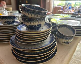 #19	Vintage White and Blue Porcelain Cups and Saucers 5 bread and butter, 5 cups and saucers	 $21.00 