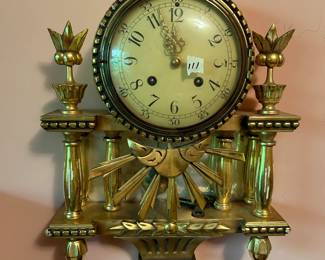 #111	Gold Painted Wood w/brass accents  key Wind clock  - 13x3x16	 $125.00 

