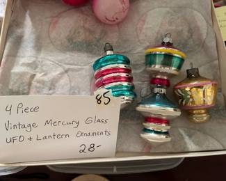 #85	4 Piece Vintage mercury glass UFO and lantern ornaments	 $28.00 
